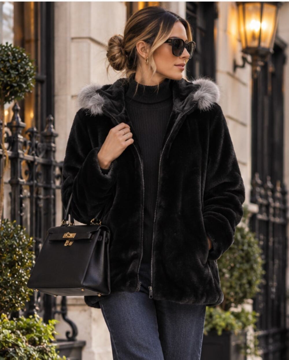 Dennis Basso Black Faux Fur Hooded Coat Gray Trim Plush Jacket S